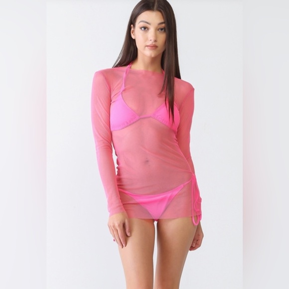 Black Triangle Top Self Tie Bottom Bikini Long Sleeve Mesh Coverup 3 Piece Set - Picture 8 of 11